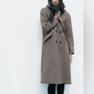 Zara Manteco Italian wool long minimalist oversized coat taupe/mink Small new